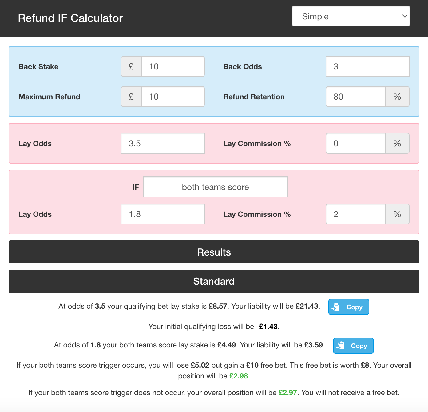 Refund IF calculator, which allows you to work out the optimal stake for offers where you receive a bonus if your bet loses and a certain event occurs (e.g. both teams score)